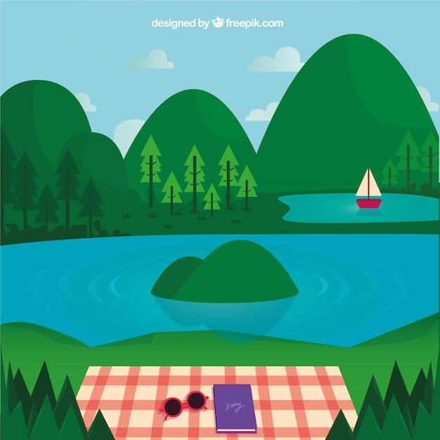 Vector gratuito paisaje de verano, comida campestre al lado del lago