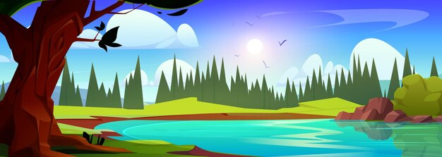 Paisaje de verano de dibujos animados con un lago en el bosque