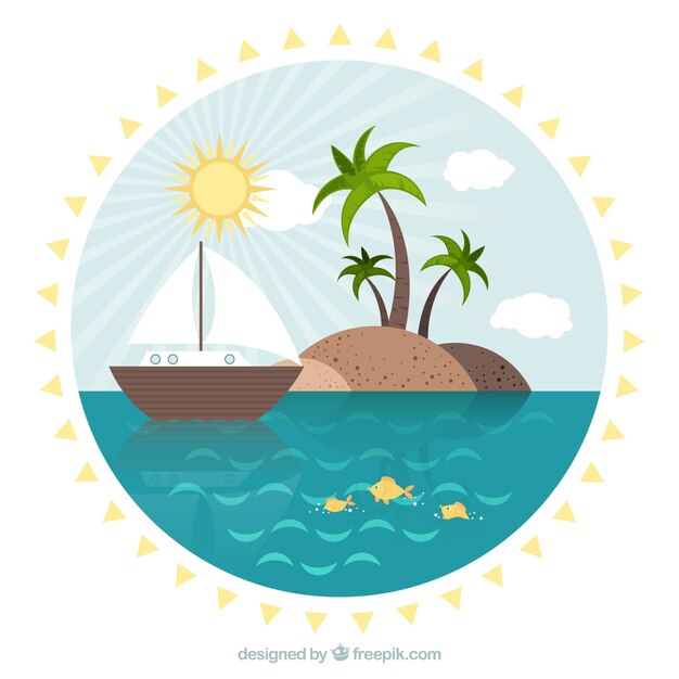 Paisaje de verano de isla con un barco en diseño plano