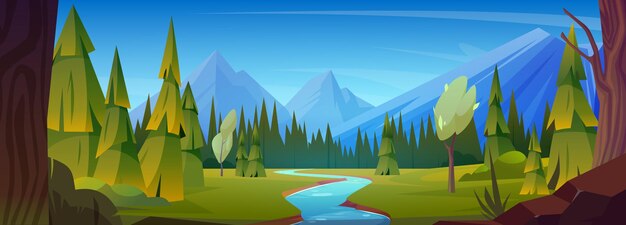 Paisaje de verano o primavera con montañas, bosque y río. Ilustración vectorial de dibujos animados de la escena panorámica de la naturaleza con colinas rocosas que fluyen agua, árboles verdes y abetos y cielo azul claro.
