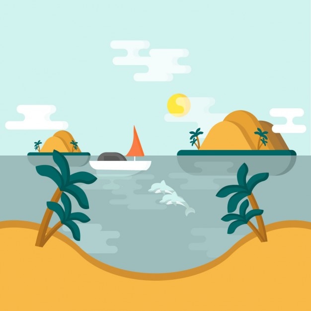 Vector gratuito paisaje de verano con palmeras en diseño plano