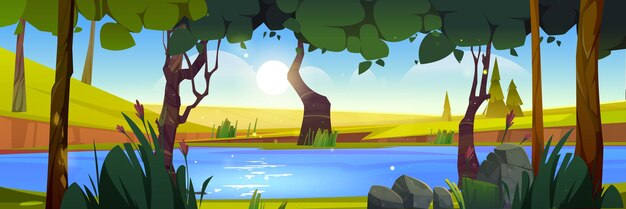 Paisaje de verano con río en bosques y campos.