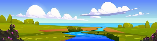 Vector gratuito paisaje de verano con río que desemboca en el mar