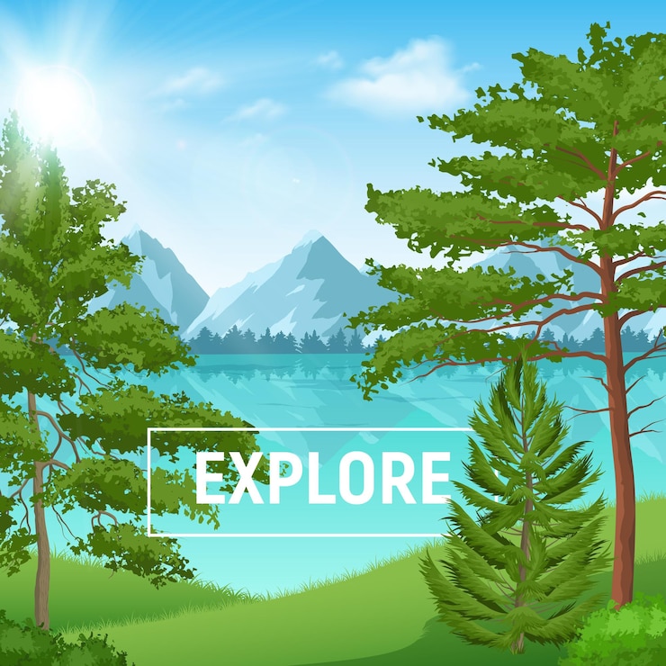 Vector gratuito paisaje de verano soleado con bosque de pinos realista en un lago de montaña