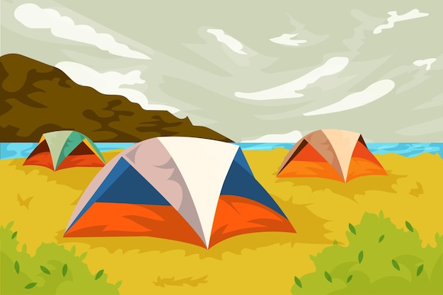 Vector gratuito paisaje de zona de acampada con carpas.