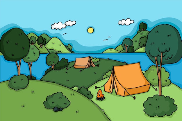 Vector gratuito paisaje de zona de camping con colinas.