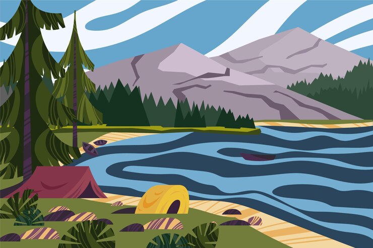 Vector gratuito paisaje de zona de camping con lago