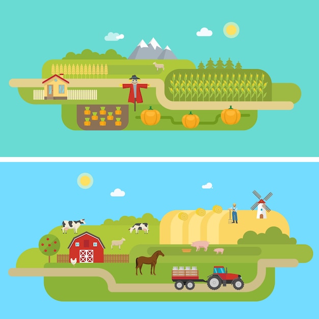 Vector gratuito paisajes agrícolas de verano