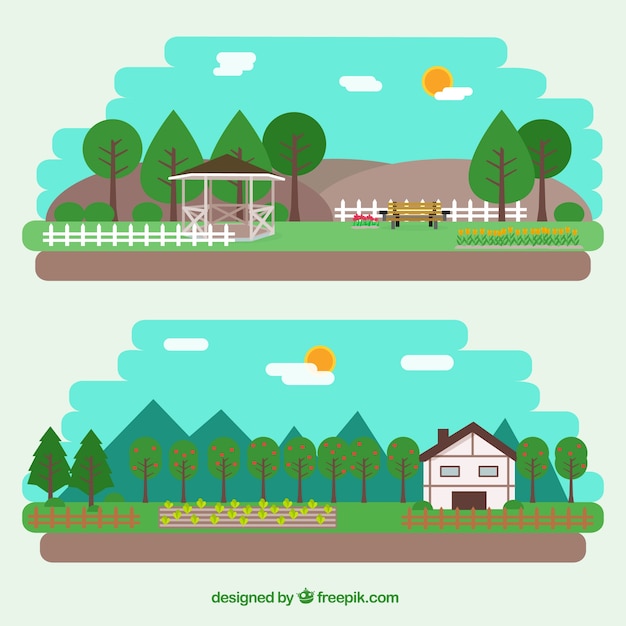 Vector gratuito paisajes planos de jardín con árboles