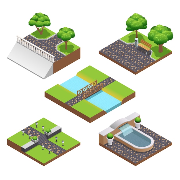 Paisajismo de composiciones isométricas con árboles de verano.