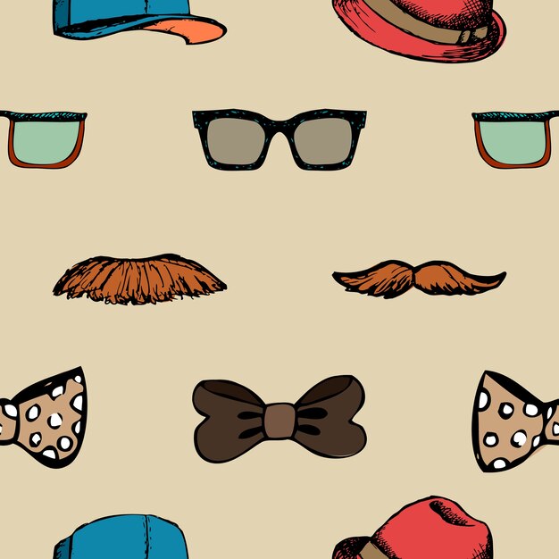 Pajarita, gafas y bigote de patrones sin fisuras. Fondo hipster