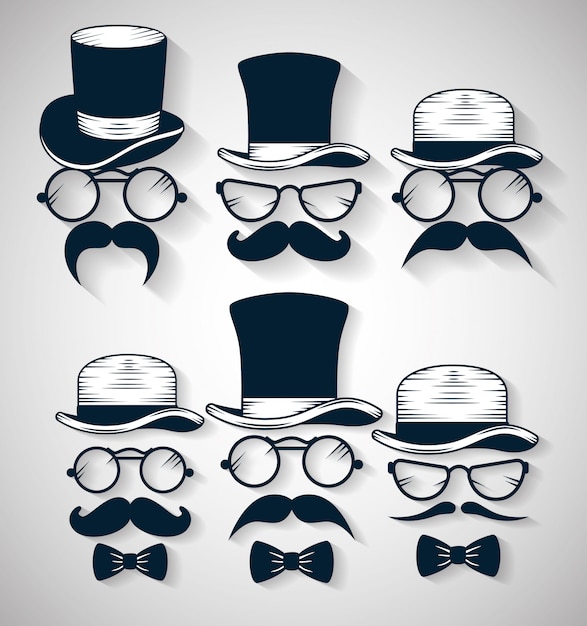 Vector gratuito pajarita con sombrero y gafas con bigote conjunto de ilustración