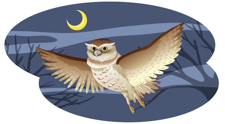 Vector gratuito pájaro búho en pose de vuelo en la noche