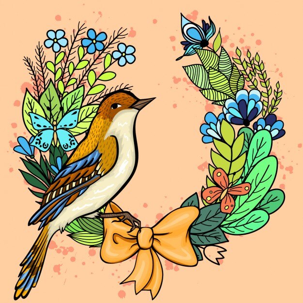 Pájaro en una corona floral