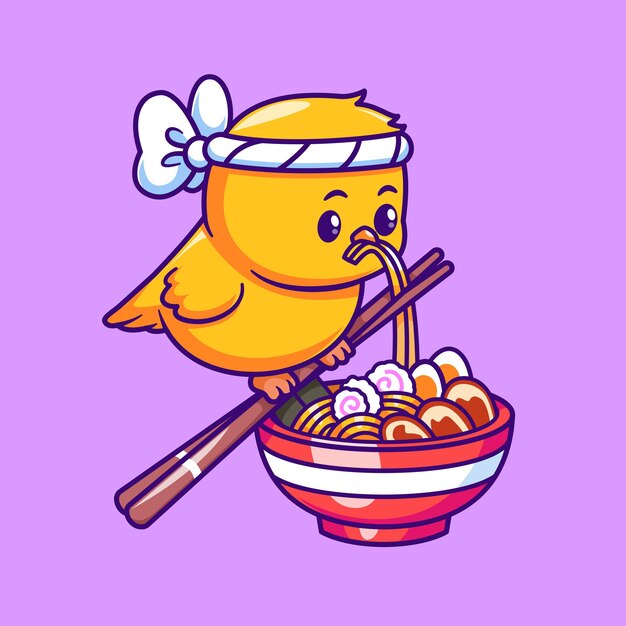 Pájaro lindo comiendo fideos Ramen Icono vectorial de dibujos animados Ilustración Icono de comida para animales aislado plano
