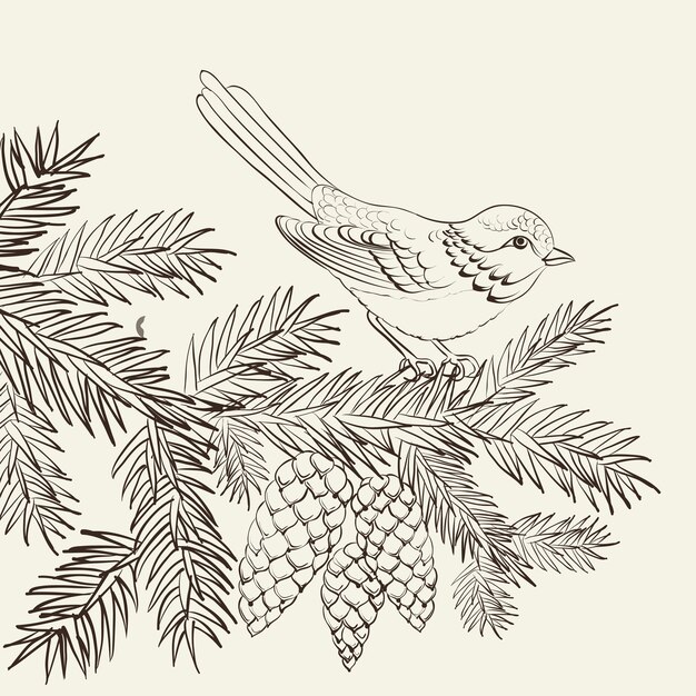 Pájaro en pino abeto con piña