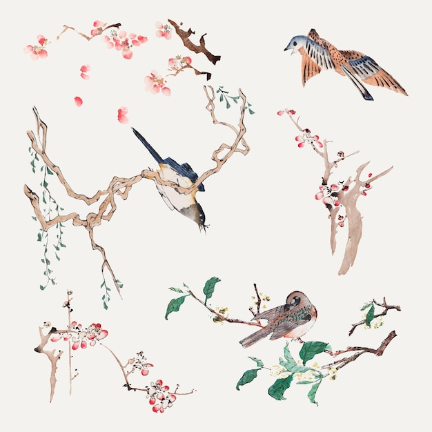 Pájaro posado en un conjunto de impresión de arte vectorial de árbol, remezclado de obras de arte de Hu Zhengyan