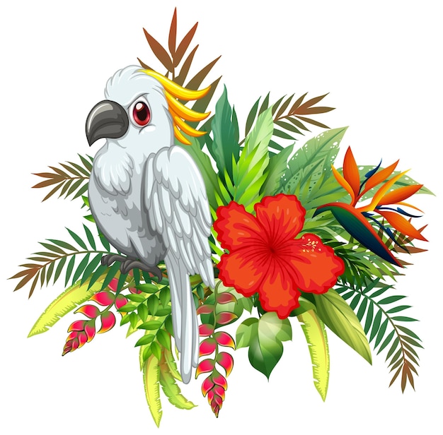 Un pájaro tropical con un arreglo floral exótico