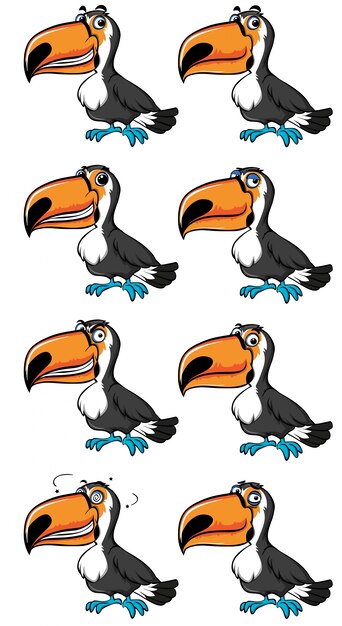 Pájaro tucán con diferentes emociones