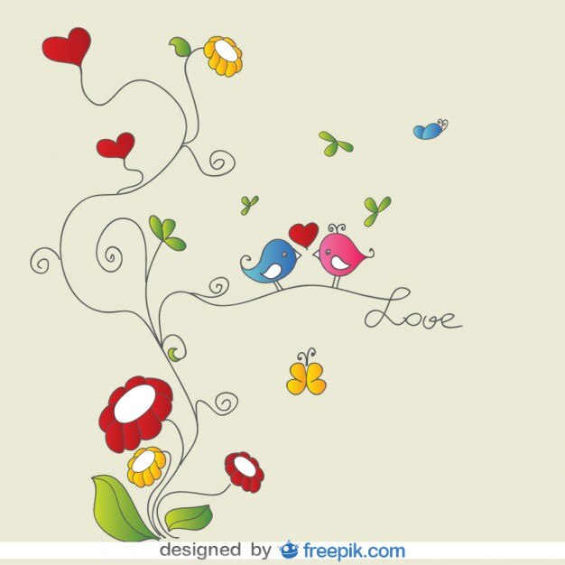 Pájaros de amor en adornos florales en tarjeta vector