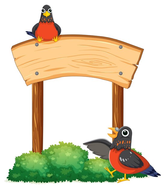 Pájaros en plantilla de cartel de madera y arbusto de árbol