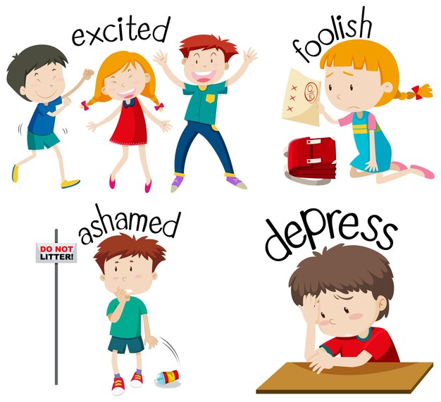 Palabra de adjetivo de vocabulario en inglés con personajes de dibujos animados