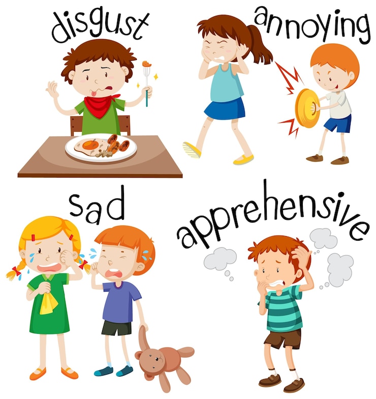 Vector gratuito palabra de adjetivo de vocabulario en inglés con personajes de dibujos animados