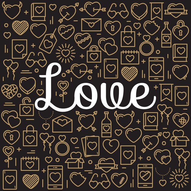 La palabra amor rodeada de iconos y corazones