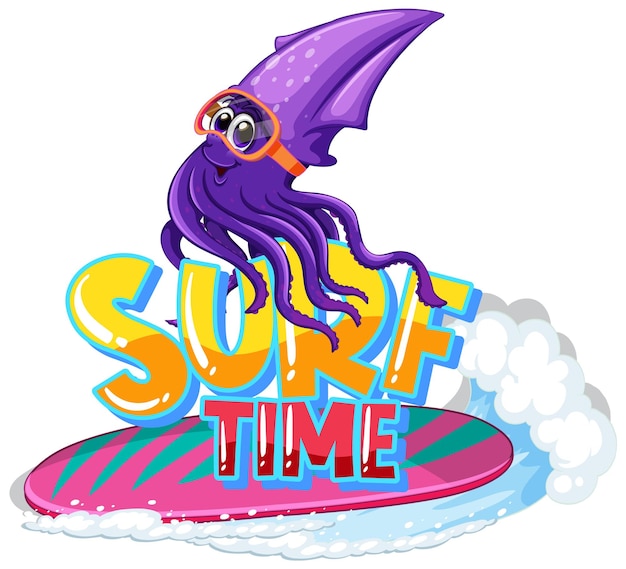 Palabra de tiempo de surf con dibujos animados de calamar