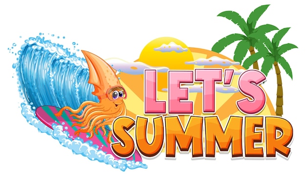 Palabra de verano con dibujos animados de calamar