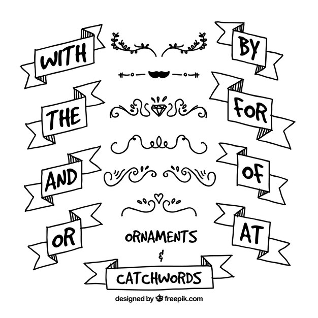 Palabras claves dibujadas a mano con cintas y ornamentos