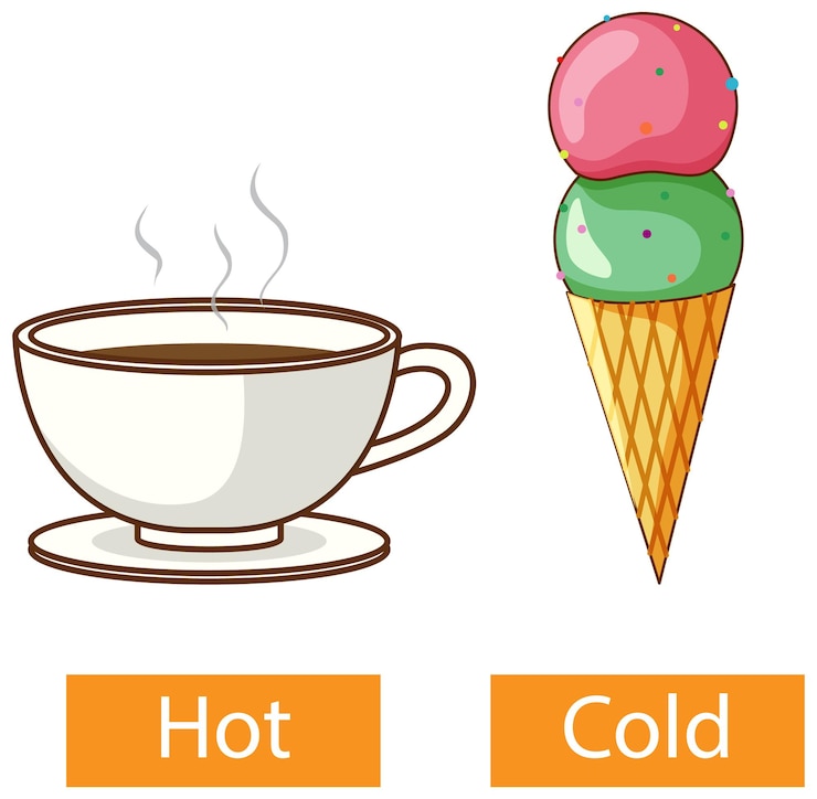 Vector gratuito palabras opuestas de adjetivos con frío y calor.