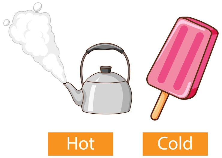 Vector gratuito palabras opuestas de adjetivos con frío y calor.