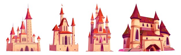 Palacios de castillos medievales con torres y banderas