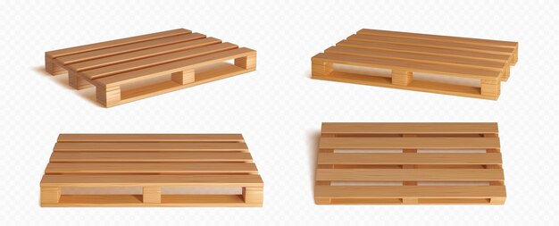 Palet de madera 3d para paquete de cajas vector aislado Plataforma de bandeja de carga de madera para almacén o conjunto de activos de almacenamiento Tablero de entrega con representación de textura de material de madera realista y vista diferente
