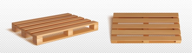 Vector gratuito palet de madera 3d para paquete de cajas vector aislado plataforma de bandeja de carga de madera para almacén o conjunto de activos de almacenamiento tablero de entrega con textura de material de madera realista y vista diferente