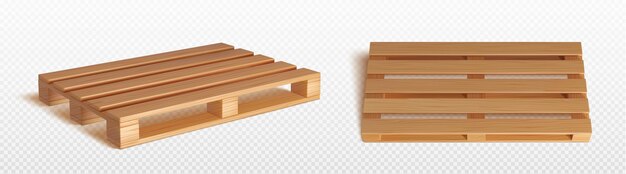 Palet de madera 3d para paquete de cajas vector aislado Plataforma de bandeja de carga de madera para almacén o conjunto de activos de almacenamiento Tablero de entrega con textura de material de madera realista y vista diferente