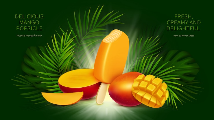Vector gratuito paleta de mango, helado amarillo mordido y hojas de palma