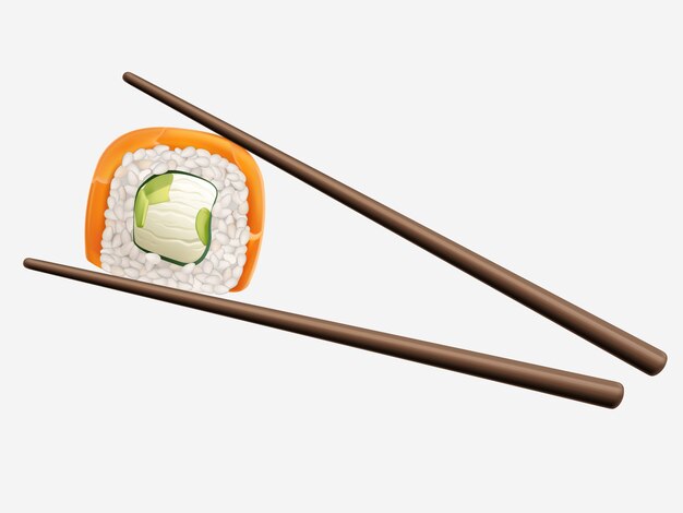 Palillos con rollo de sushi aislado