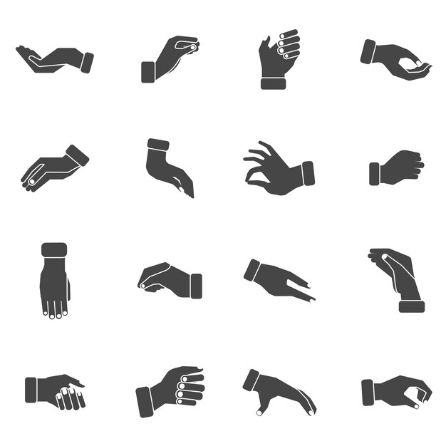 Las palmas de la mano agarrando conjunto de iconos negros