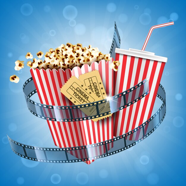 Palomitas de maíz de cine, bebidas gaseosas, entradas y póster de película de tira de película con bocadillos de comida rápida y bebidas de cola en paquete de rayas desechables sobre fondo borroso abstracto. Ilustración 3d realista
