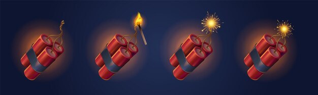 Palos de dinamita con mecha encendida y juego de cerillas
