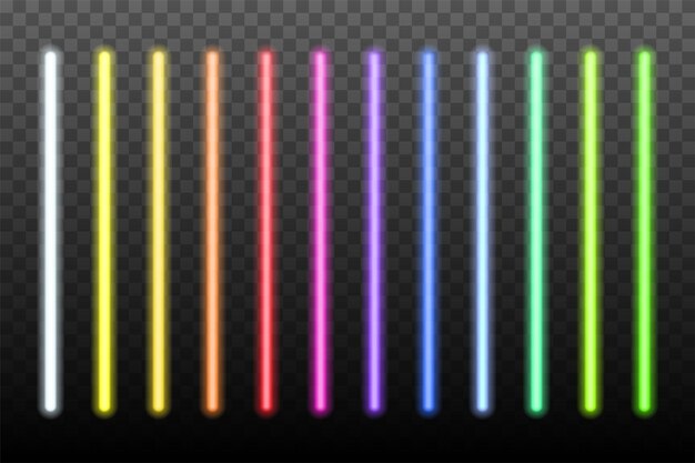 Palos de luz de neón sobre fondo transparente Azul blanco amarillo naranja verde rosa rojo líneas led diseño de paquete de color eléctrico brillante para fiestas o clubes