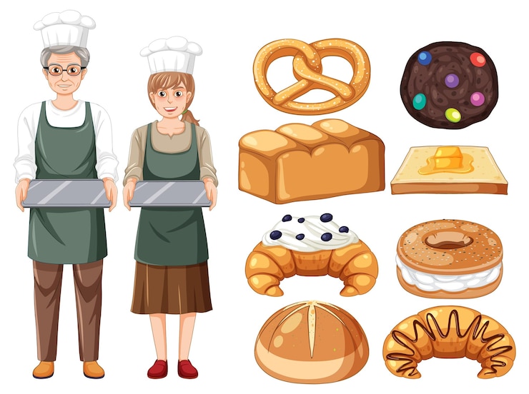Vector gratuito pan y productos de pastelería con panadero