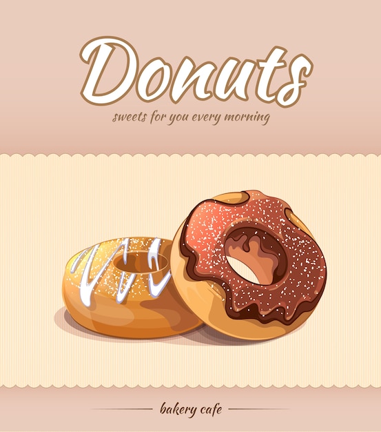 Panadería y cafetería con donas. Comida sabrosa dulce, anuncio de panadería, delicioso postre de chocolate.