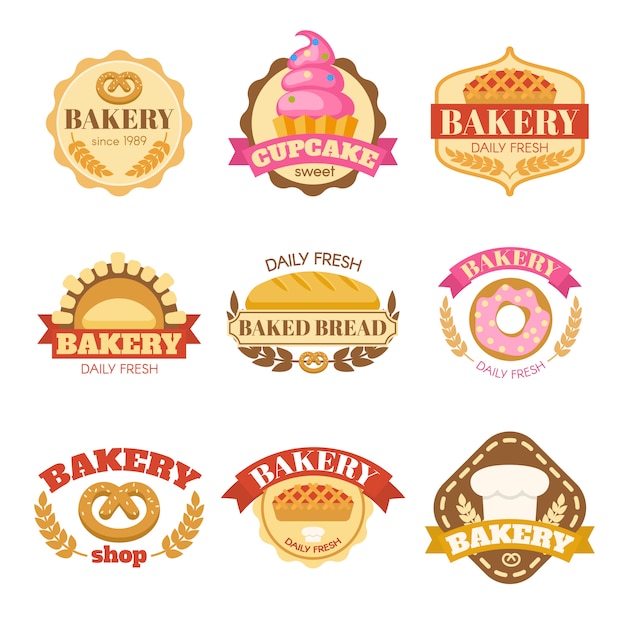 Vector gratuito panadería coloridos emblemas planos