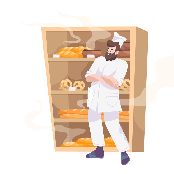 Vector gratuito panadería establece una composición plana con un cocinero barbudo frente al gabinete con productos horneados en los estantes