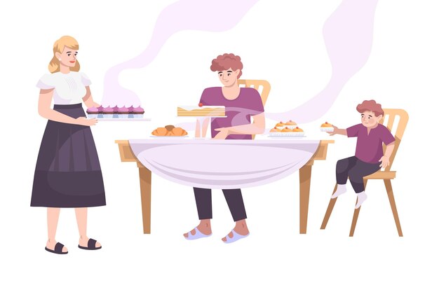 Panadería establece composición plana con vista de miembros de la familia en la mesa con productos horneados
