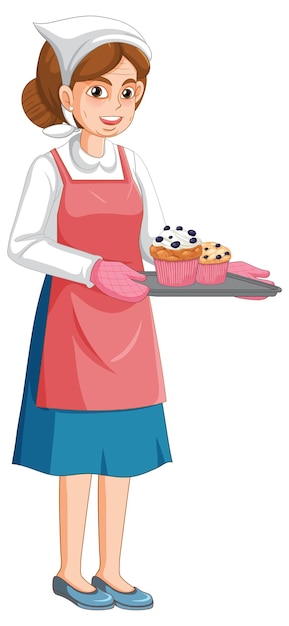 Vector gratuito panadero de la señora que sostiene la bandeja de muffins