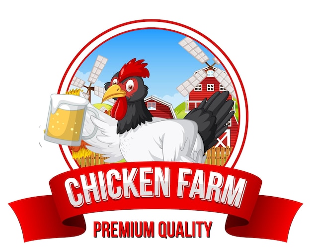 Vector gratuito pancarta de chicken farm con un pollo sosteniendo un vaso de cerveza